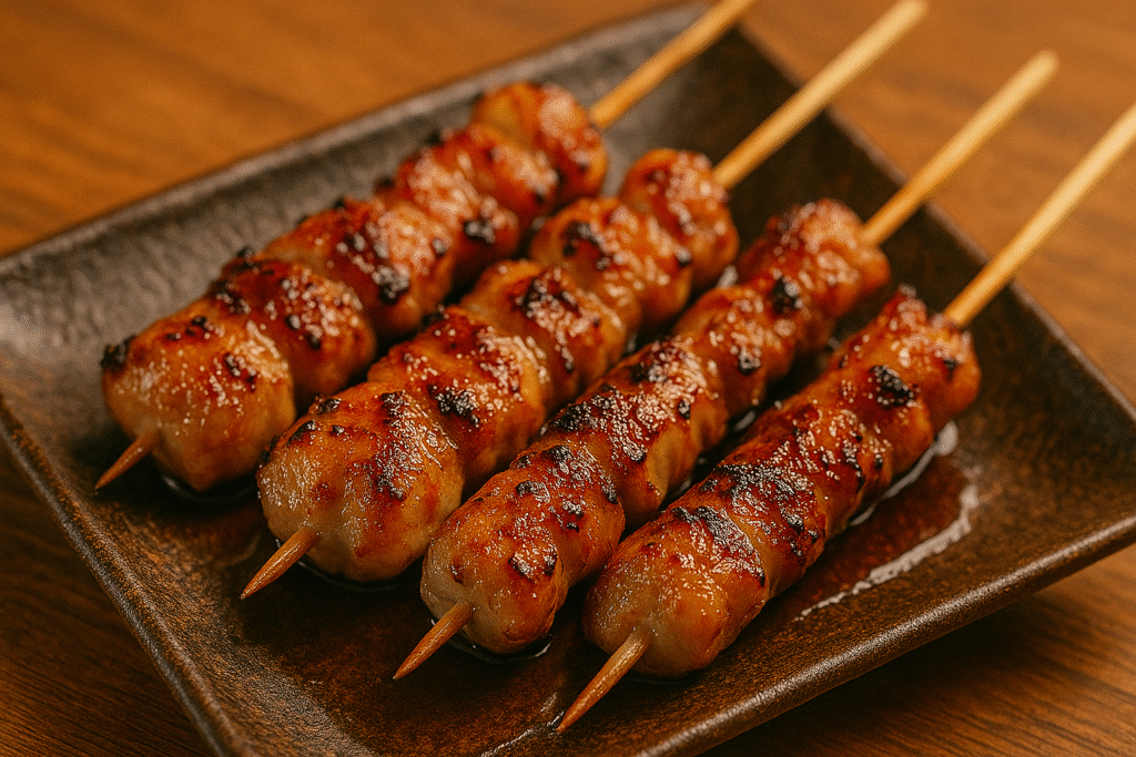 おいしそうな焼き鳥が皿に乗っている様子
