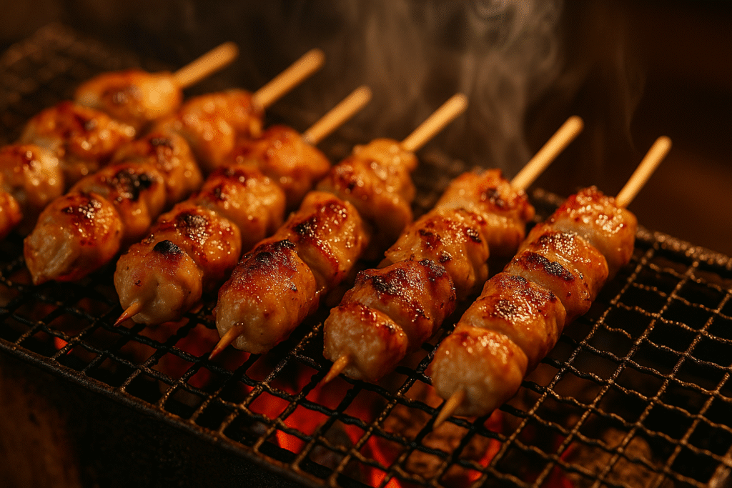焼き鳥串を網の上で焼いている様子
