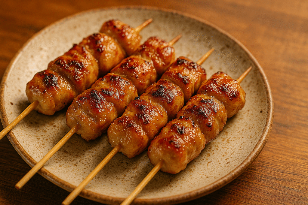 おいしそうな焼き鳥が皿に乗っている様子