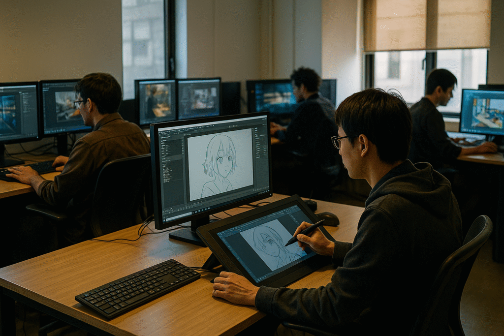 制作スタジオでアニメーションを制作している様子
